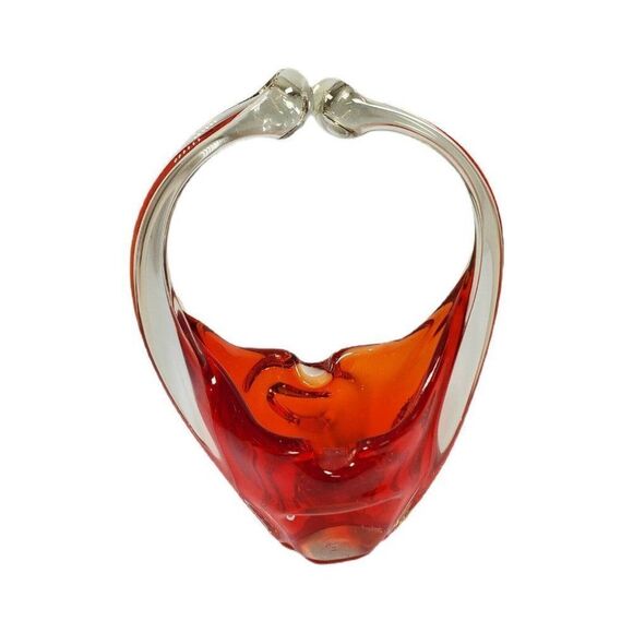 Fenton Jewelry - Vintage Red Orange Art Glass Basket 7" Tall Trinket Jewelry Keys Flower Abstract